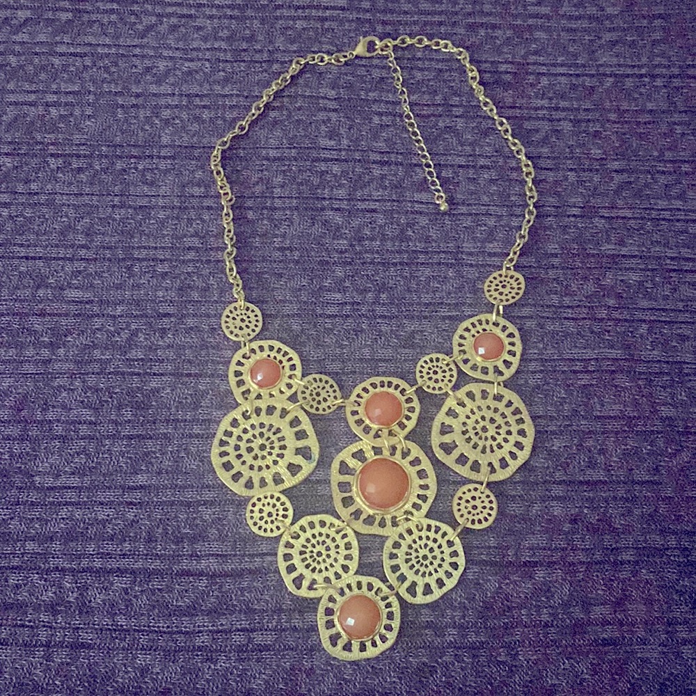 Gold Colored Metal china and coin sized discs with orange beads necklace